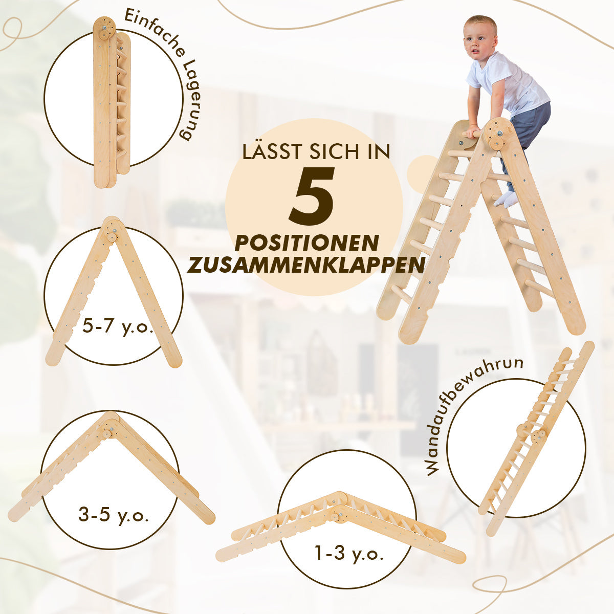 5in1 Montessori Klettergerüst Set: Kletterdreieck + Kletterbogen mit Kissen + Kletternetz und Rutsche für Kinder 1-7 Jahre – Schokolade