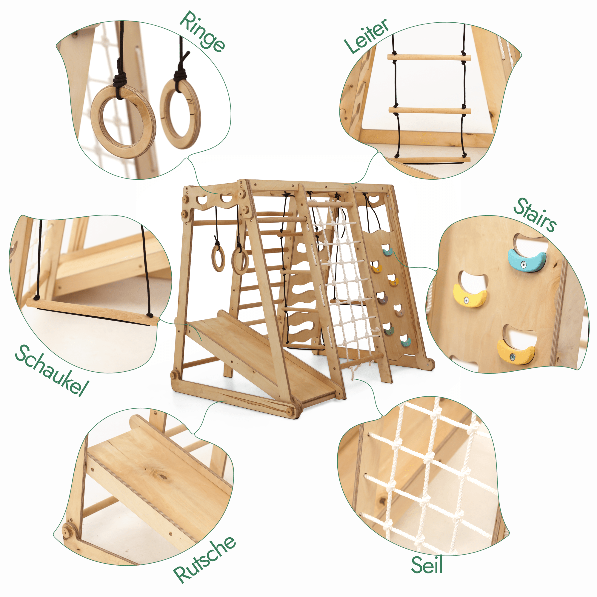 6in1 Indoor-Spielplatz aus Holz für Kinder – Schaukel, Rutsche, Seil und Treppe