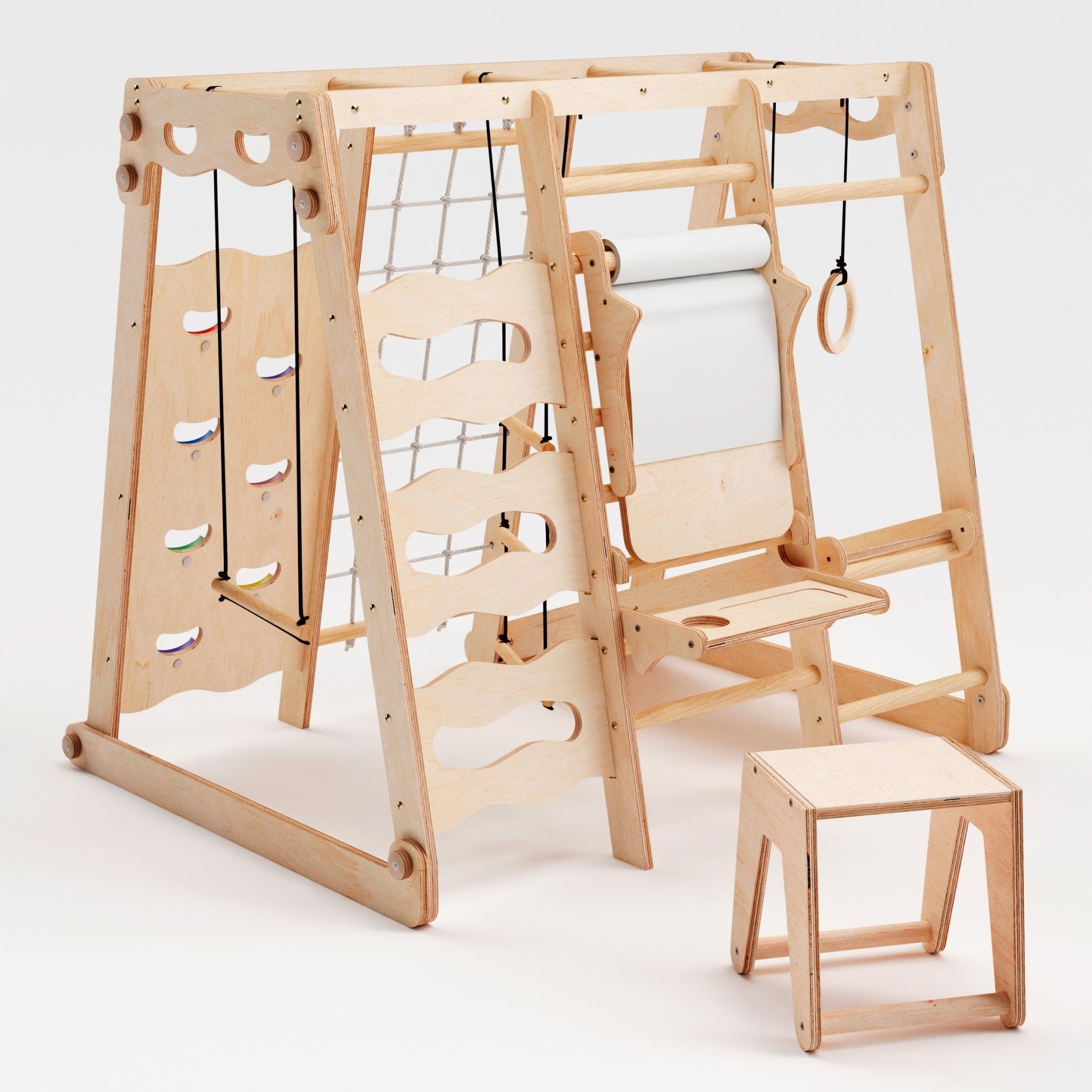 6in1 Indoor-Spielplatz aus Holz für Kinder – Schaukel, Rutsche, Seil und Treppe