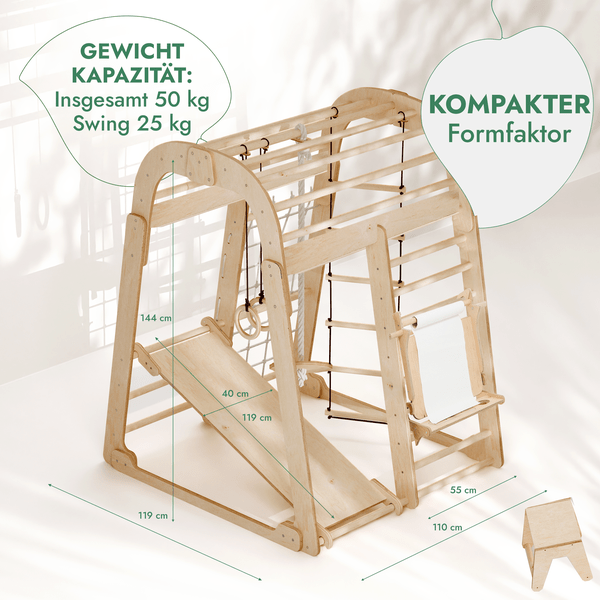8in1 Indoor Spielplatz: Klettergerüst mit Kletternetz, Rutsche, Gymnastikringe, Hängende Leiter, Disc-Schaukel, Maltafel und Kinderstuhl – Beige