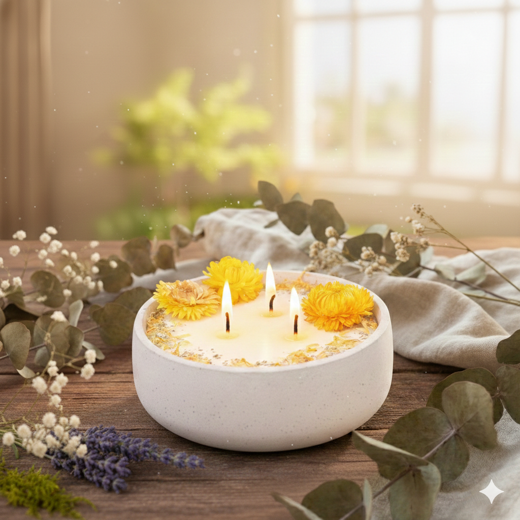 XL Citronella Outdoor Kerze in Betonschale – 3-Docht Antimücken Kerze mit echten Blüten – 520g Sojawachs