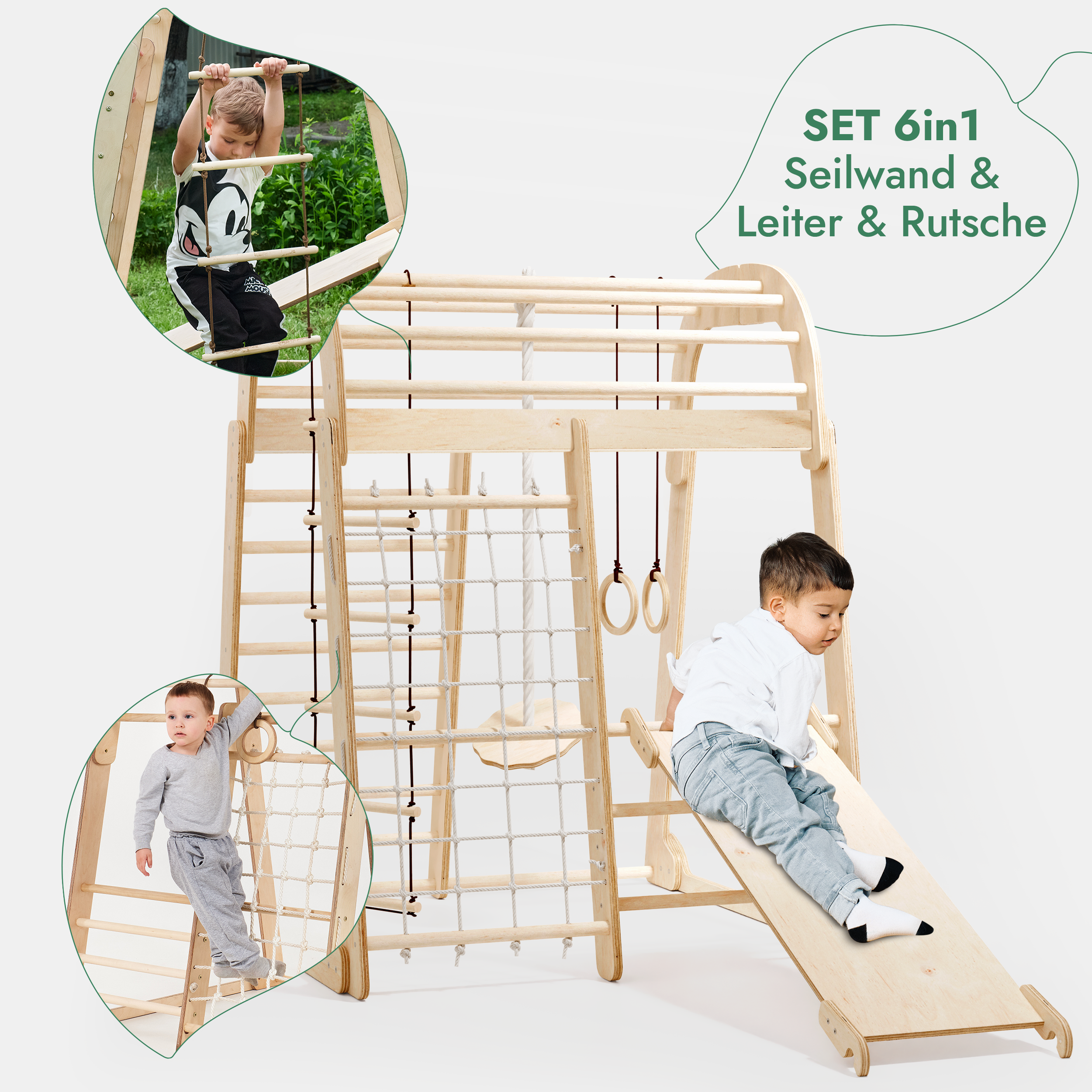 6in1 Indoor Spielplatz für Kinder: Klettergerüst mit Kletternetz, Rutsche, Gymnastikringe, Hängende Leiter und Disc-Schaukel – Beige