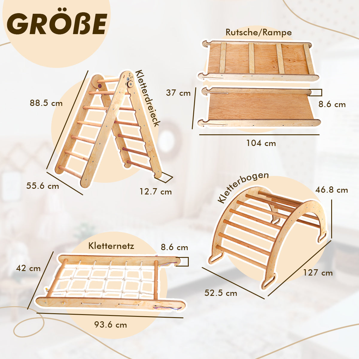 5in1 Montessori Klettergerüst Set: Kletterdreieck + Kletterbogen mit Kissen + Kletternetz und Rutsche für Kinder 1-7 Jahre – Schokolade