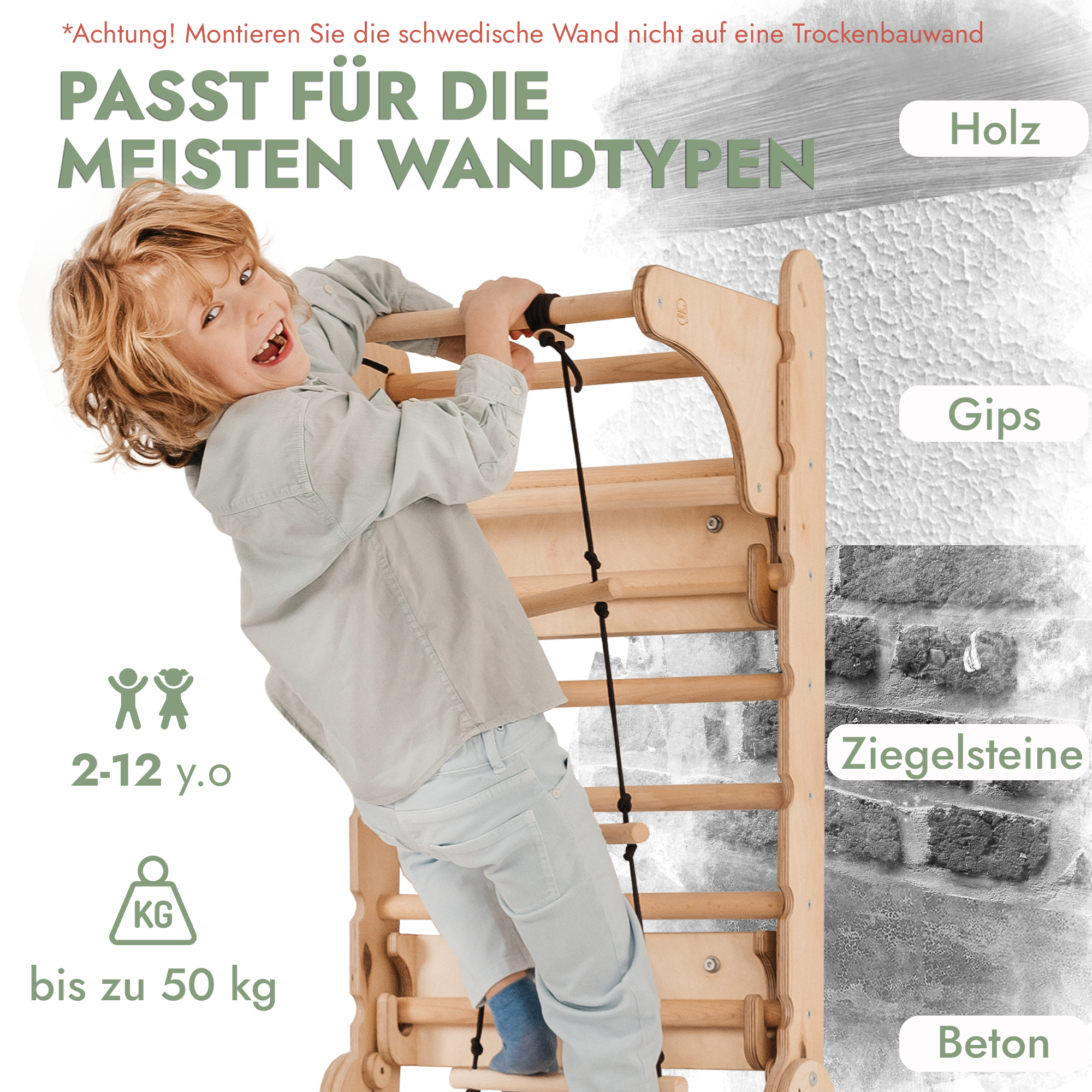 8in1 Kletterwand Indoor: Sprossenwand, Gymnastikringe, Hängende Leiter, Disc-Schaukel, Rutsche, Klimmzugstange, Maltafel und Kinderstuhl für Kinder – Beige