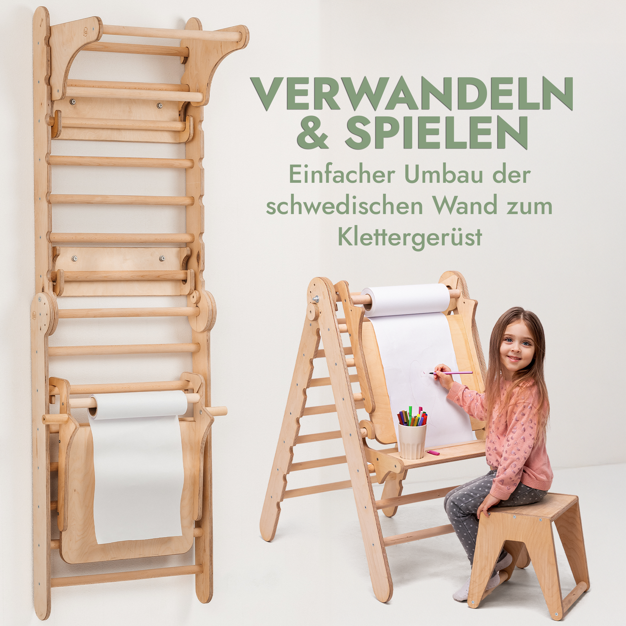 8in1 Kletterwand Indoor: Sprossenwand, Gymnastikringe, Hängende Leiter, Disc-Schaukel, Rutsche, Klimmzugstange, Maltafel und Kinderstuhl für Kinder – Beige
