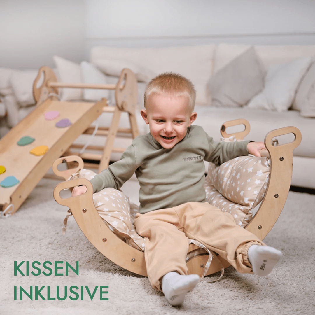 Montessori 4in1 Kletterdreieck für Babys: Pikler-Dreieck, Kletterbogen, Rutschbrett und Kissen für Kleinkinder (1–3 Jahre)