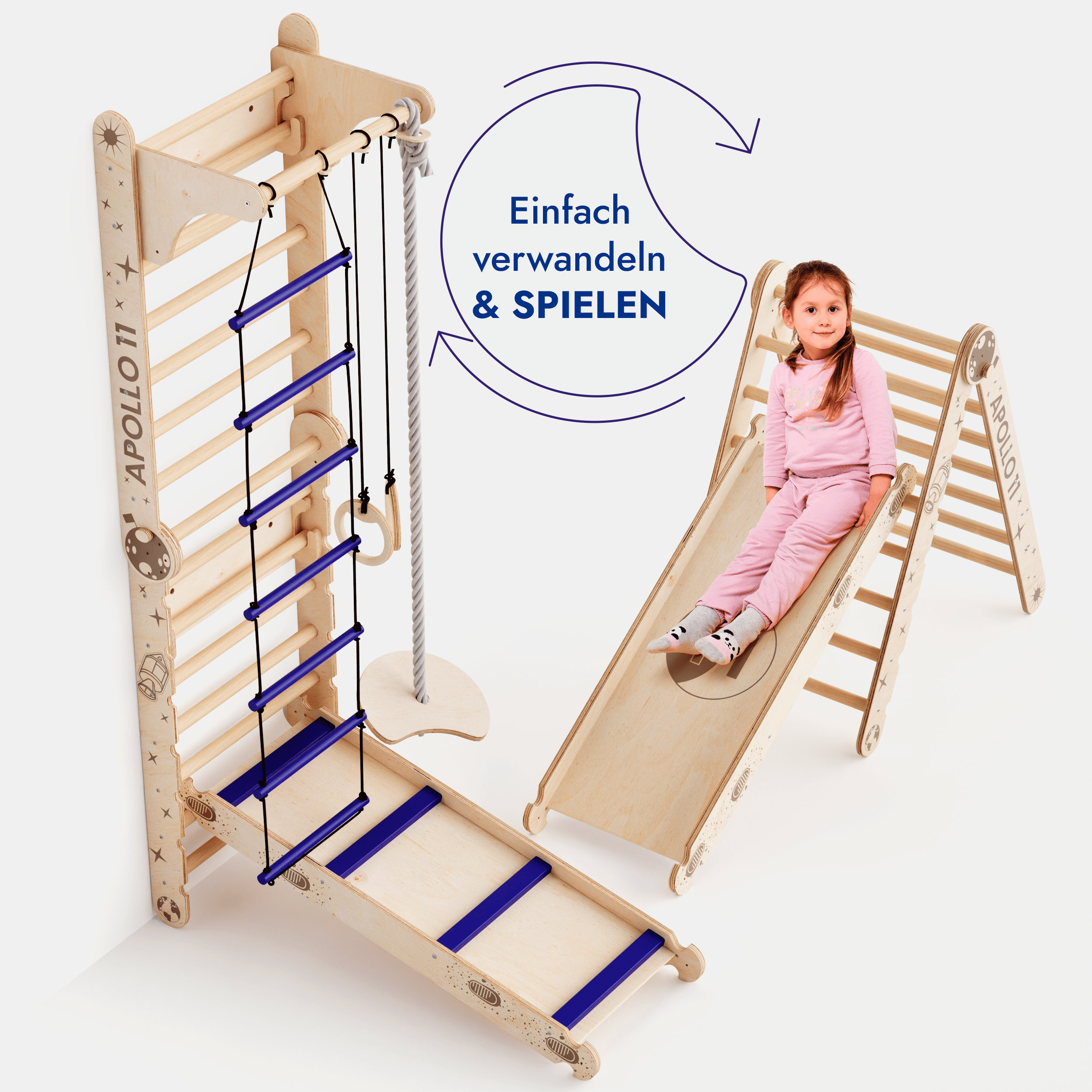 Apollo Schwedische Wand / Kletterleiter für kleine Astronauten + Mondschaukel-Set + Rutschbrett