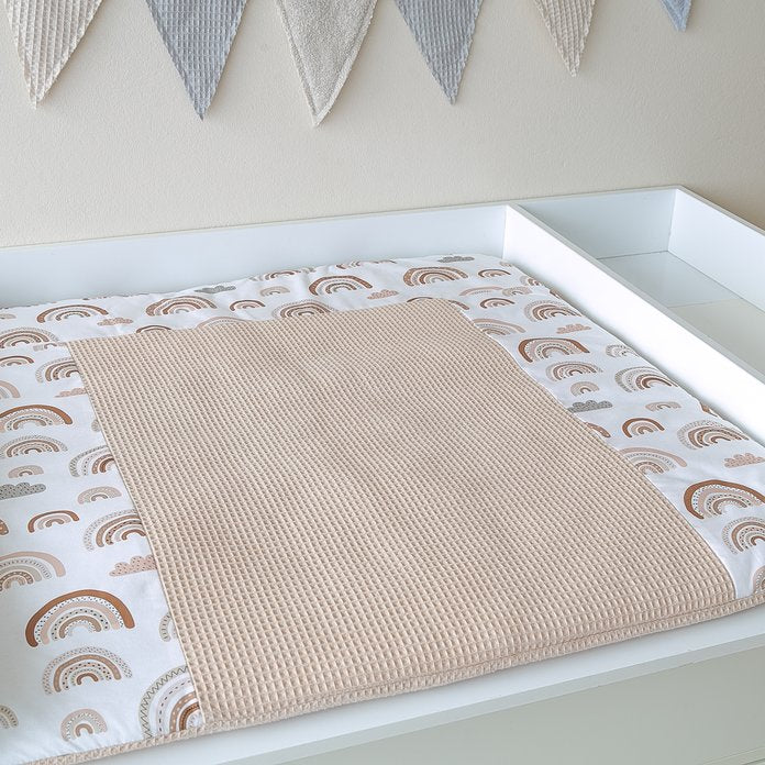 Wickelauflage Set mit Bettschlange Utensilos wasserabweisenden Frotteetücher im Design Regenbogen Beige