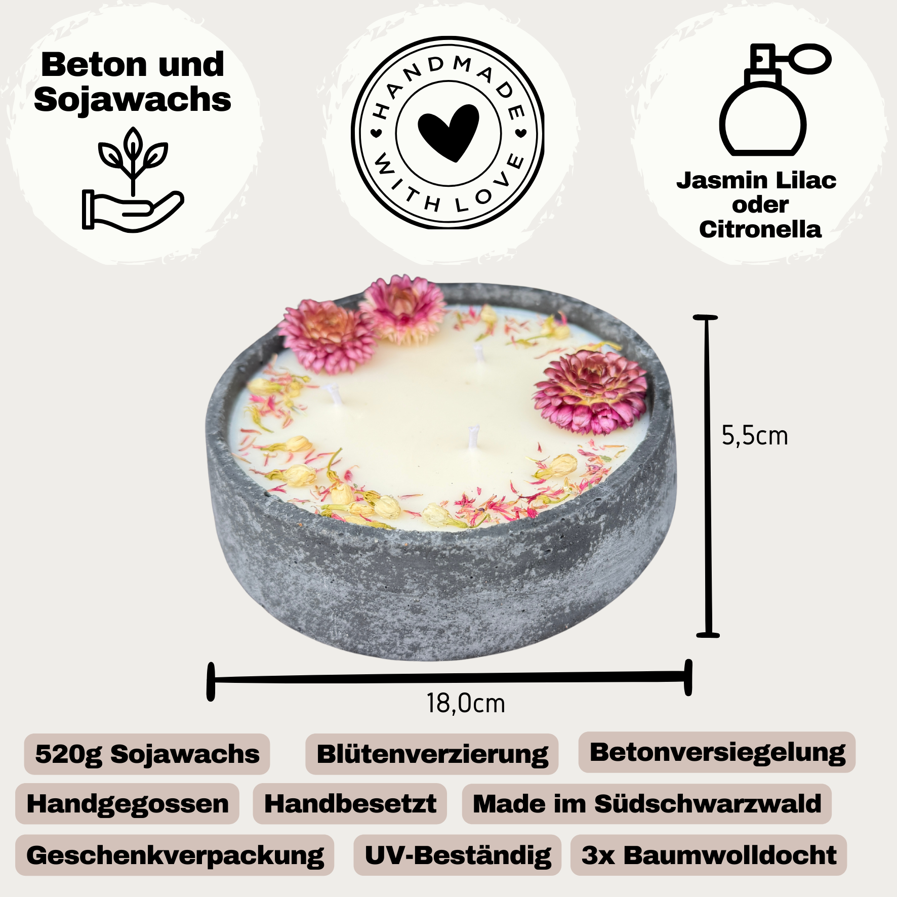 XL Betonkerze "Big Bloom" | 3-Docht & Blüten | 18cm | Handgegossen