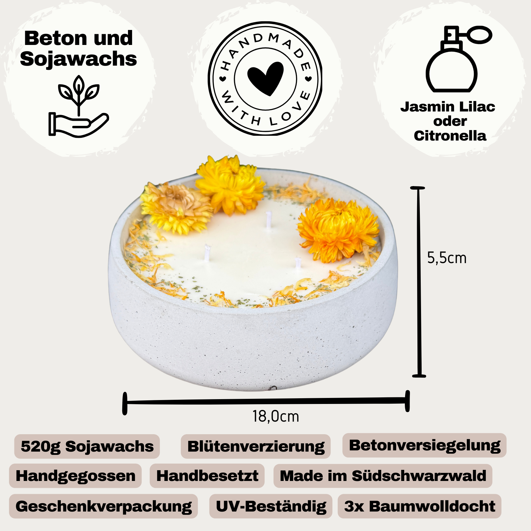 XL Citronella Outdoor Kerze in Betonschale – 3-Docht Antimücken Kerze mit echten Blüten – 520g Sojawachs
