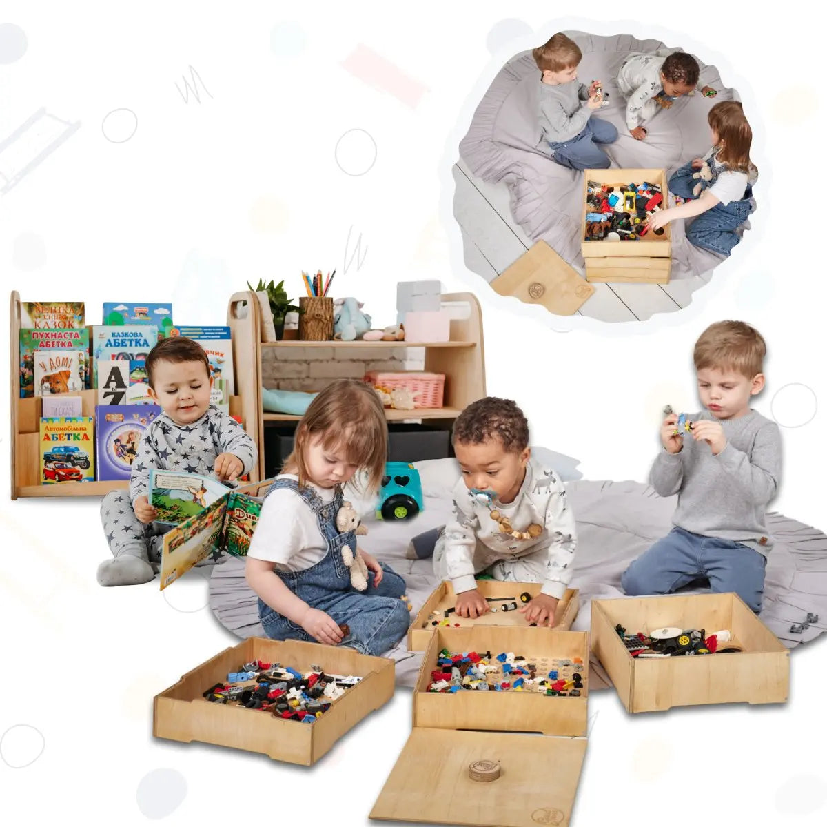 Ein Set aus drei Montessori-Regalen von Goodevas: für Bücher + Spielzeug + Holzlager/Sortierer für Konstrukteur