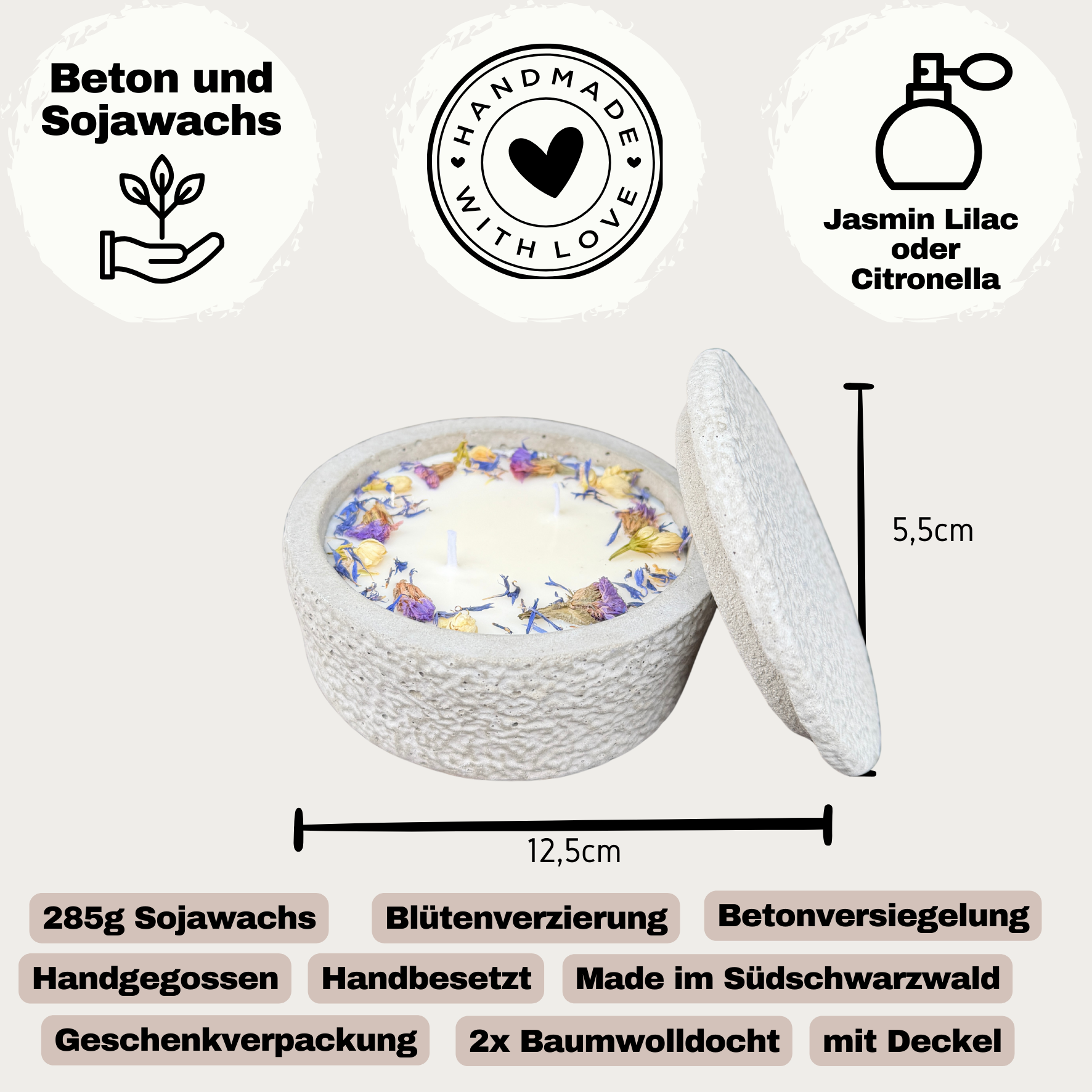 Betonkerze mit Deckel "Grey Dream" | 2-Docht & blaue Blüten | 12,5cm