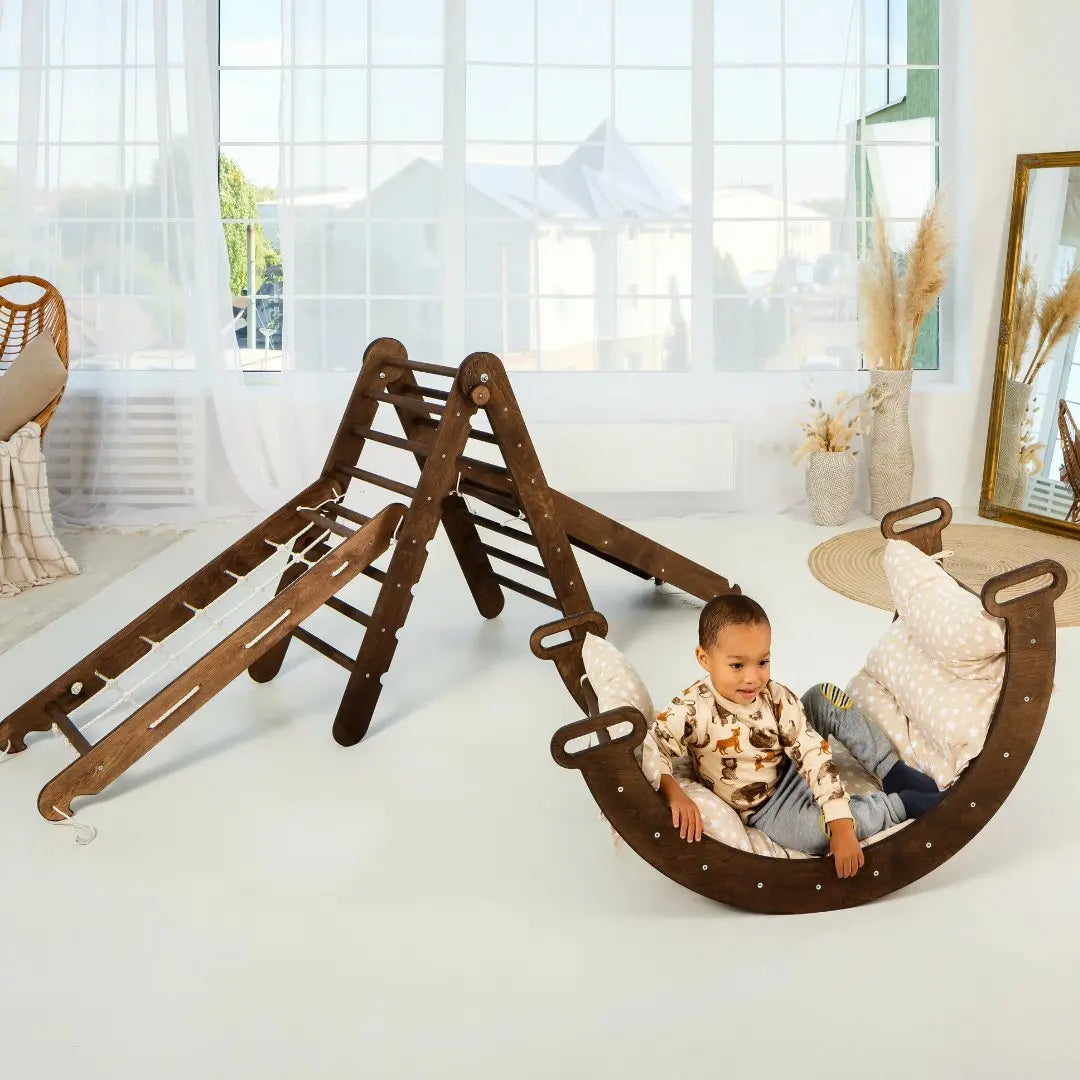 5in1 Montessori Klettergerüst Set: Kletterdreieck + Kletterbogen mit Kissen + Kletternetz und Rutsche für Kinder 1-7 Jahre – Schokolade