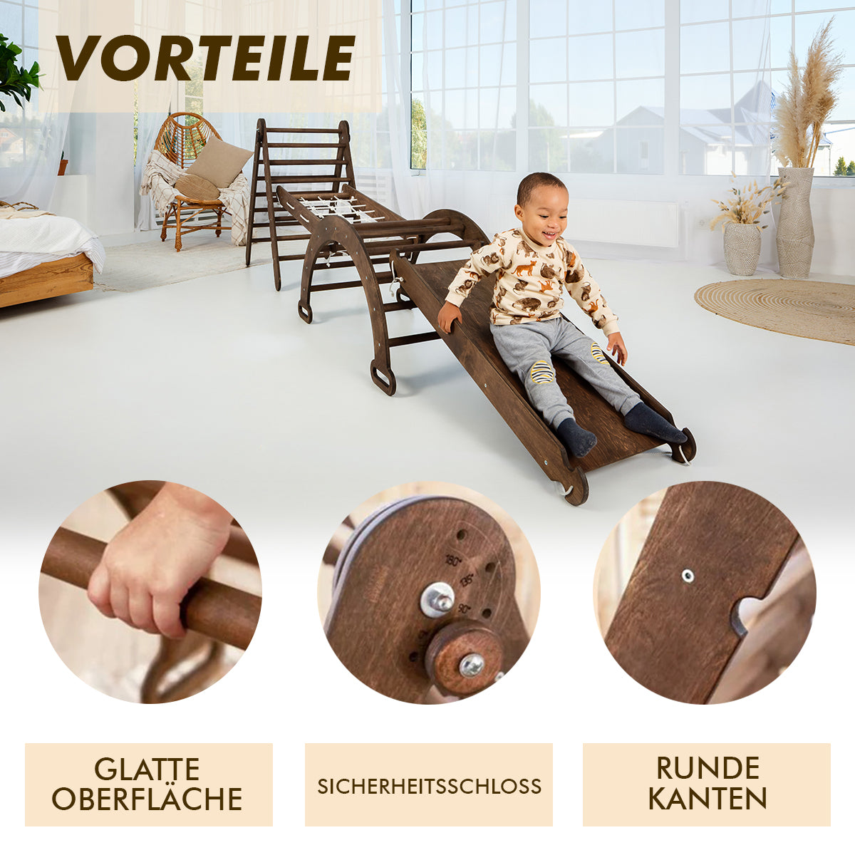 5in1 Montessori Klettergerüst Set: Kletterdreieck + Kletterbogen mit Kissen + Kletternetz und Rutsche für Kinder 1-7 Jahre – Schokolade
