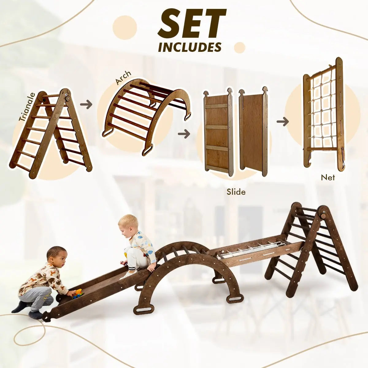 5in1 Montessori Klettergerüst Set: Kletterdreieck + Kletterbogen mit Kissen + Kletternetz und Rutsche für Kinder 1-7 Jahre – Schokolade