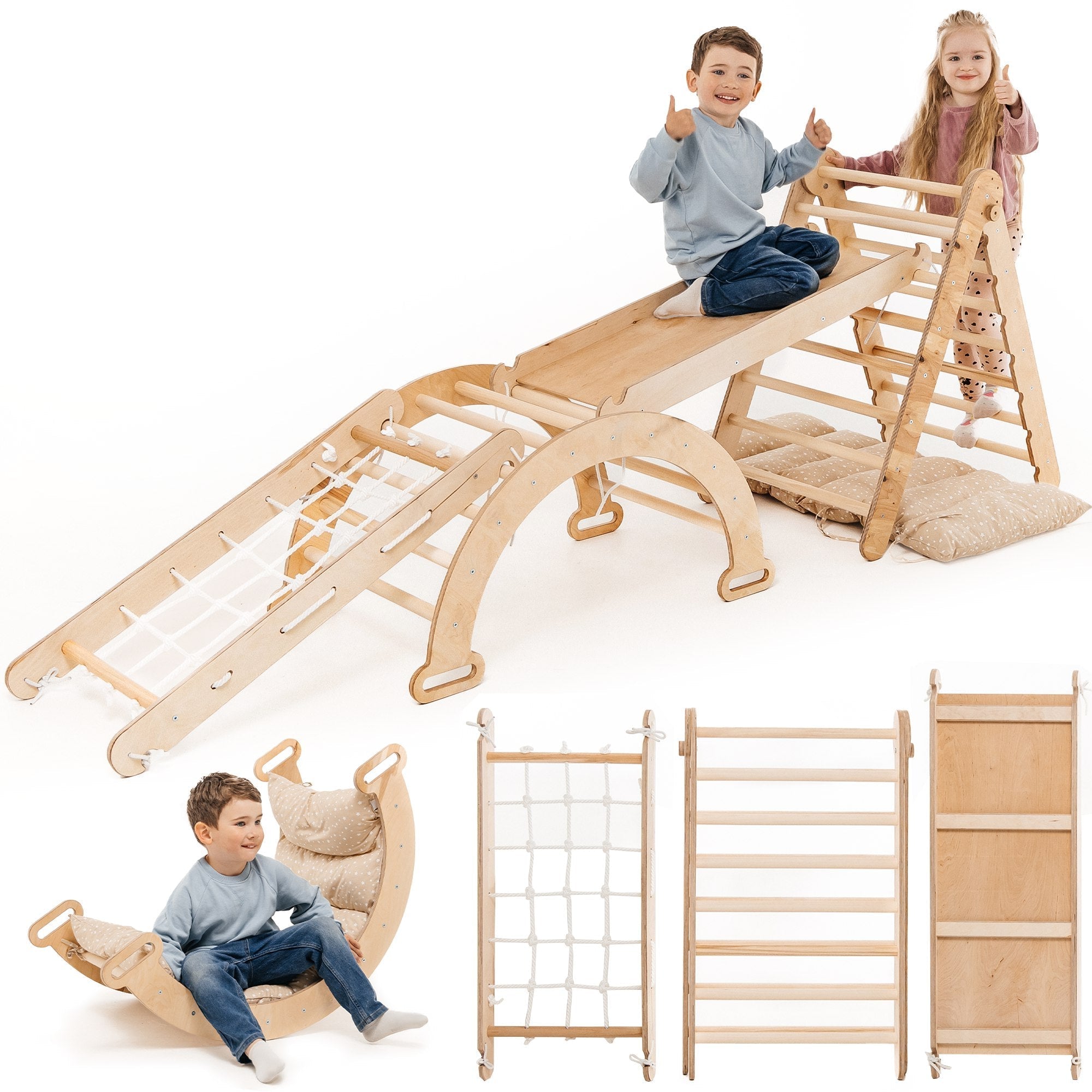 5in1 Montessori Klettergerüst Set: Kletterdreieck mit Rutsche, Kletterbogen, Kletternetz und Kissen, für Kinder 1-7 Jahre – Beige