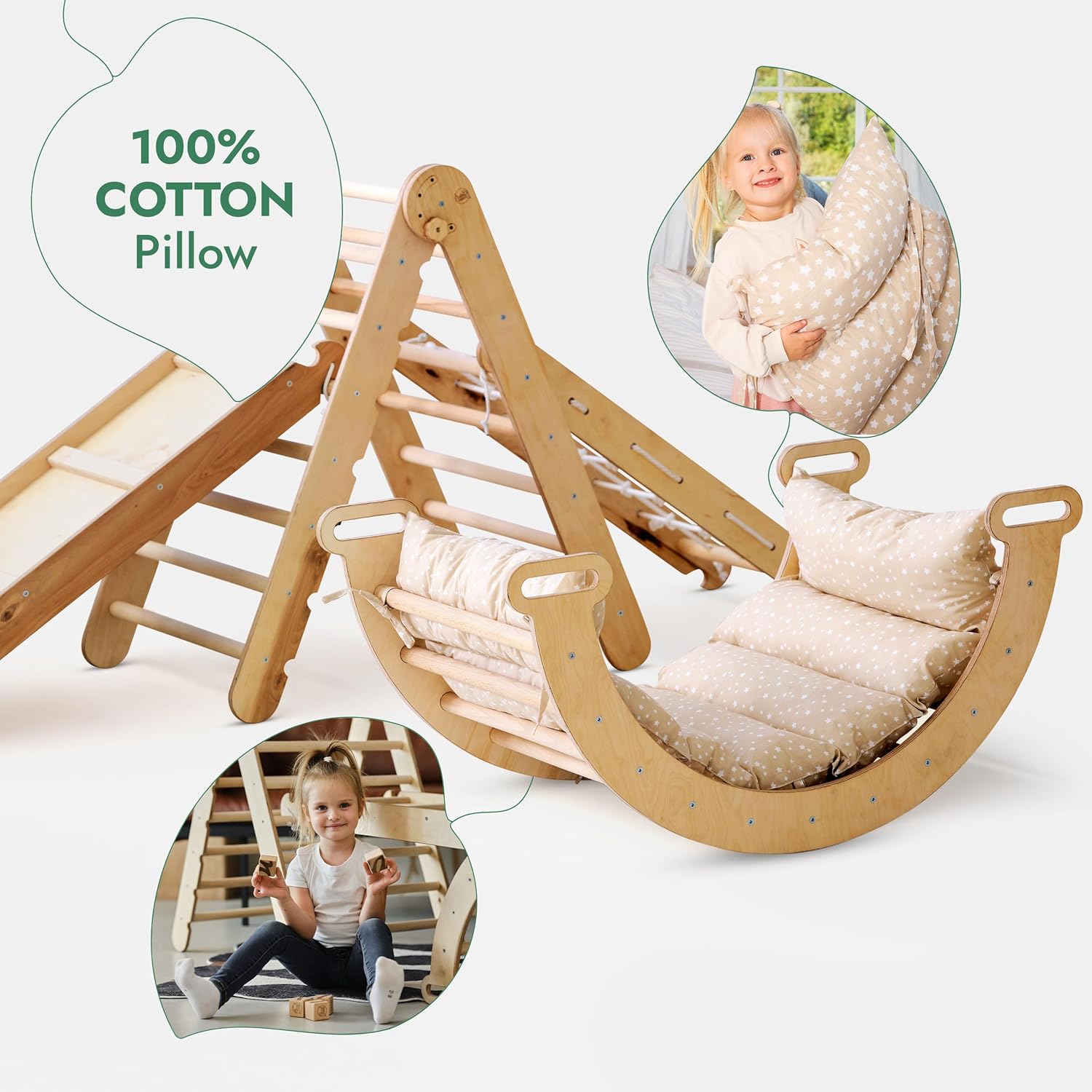 5in1 Montessori Klettergerüst Set: Kletterdreieck mit Rutsche, Kletterbogen, Kletternetz und Kissen, für Kinder 1-7 Jahre – Beige