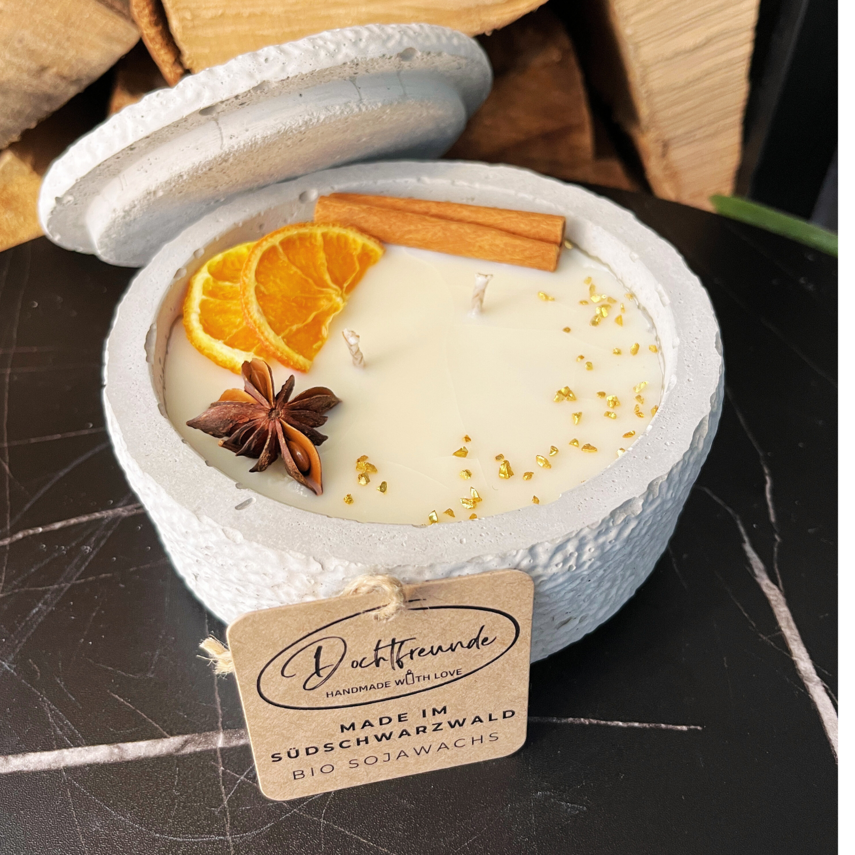 Beton-Duftkerze mit Deckel „Grey Cinnamon“ | Walnuss & Toffee