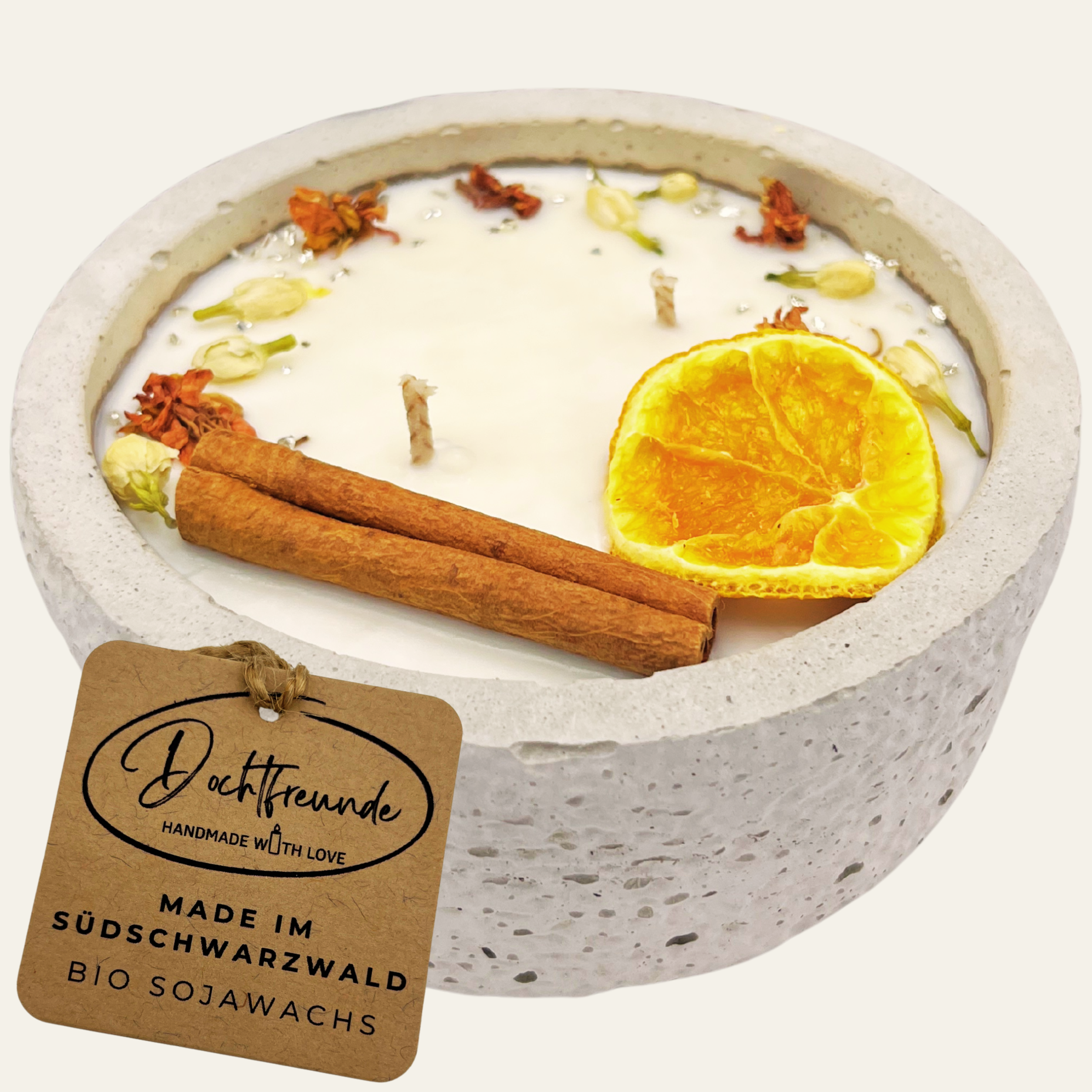 Zwei Docht Betonkerze Betongrau „Grey Orange“ für Herbst und Winter