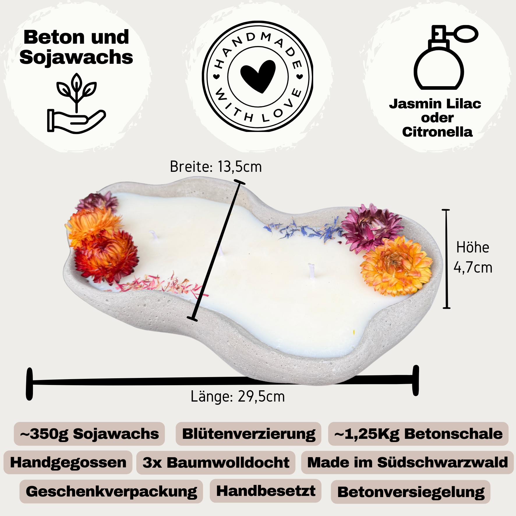 Design-Betonkerze "Wave" | Flower Edition | 3-Docht & Bunt