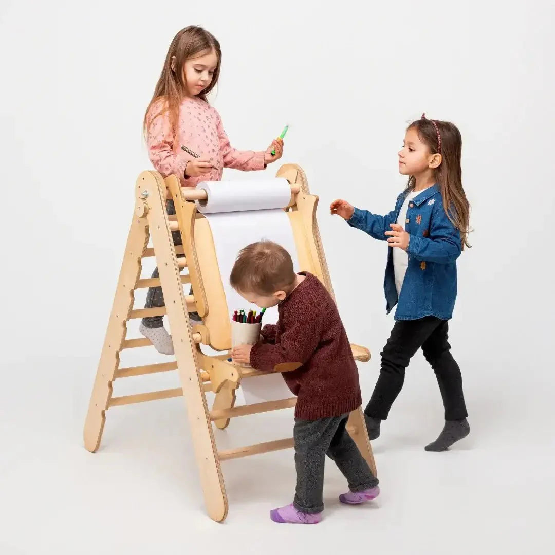 7in1 Montessori Klettergerüst Set: Kletterdreieck, Kletterbogen mit Kissen, Rutsche, Kletternetz, Maltafel und Kinderstuhl, für Kinder 1-7 Jahre – Beige
