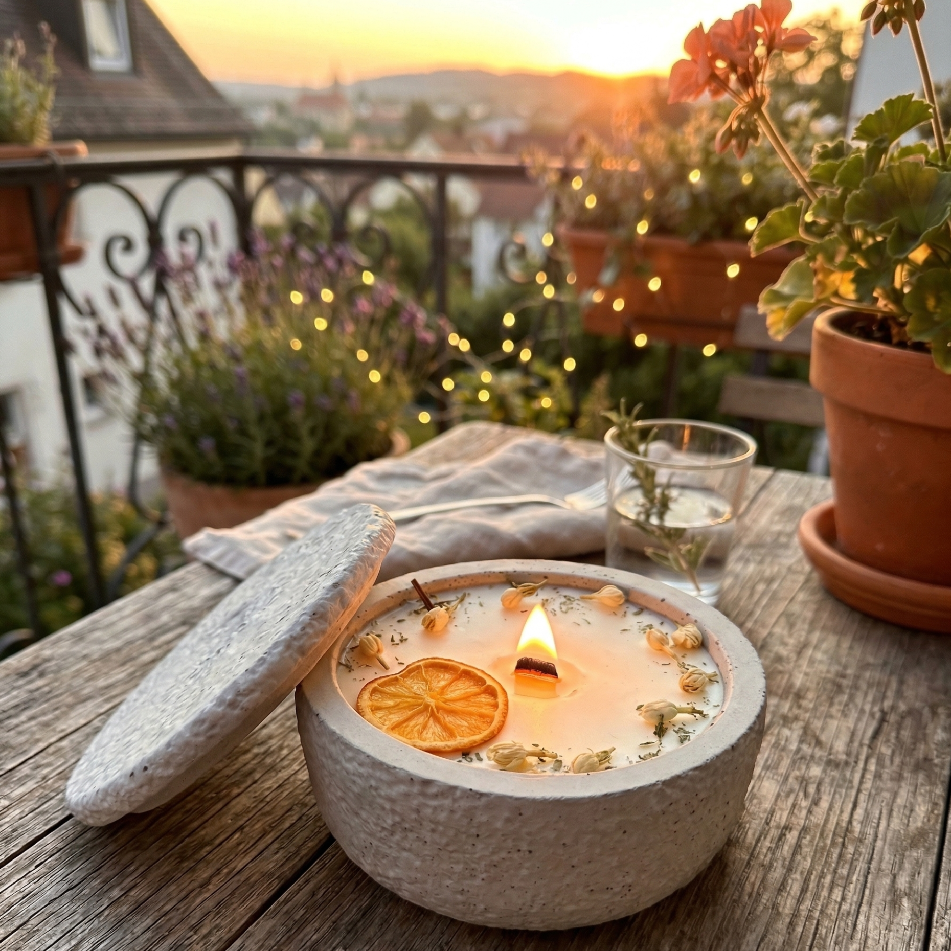 Betonkerze mit Deckel & Holzdocht | Citronella Duft | 285g Sojawachs
