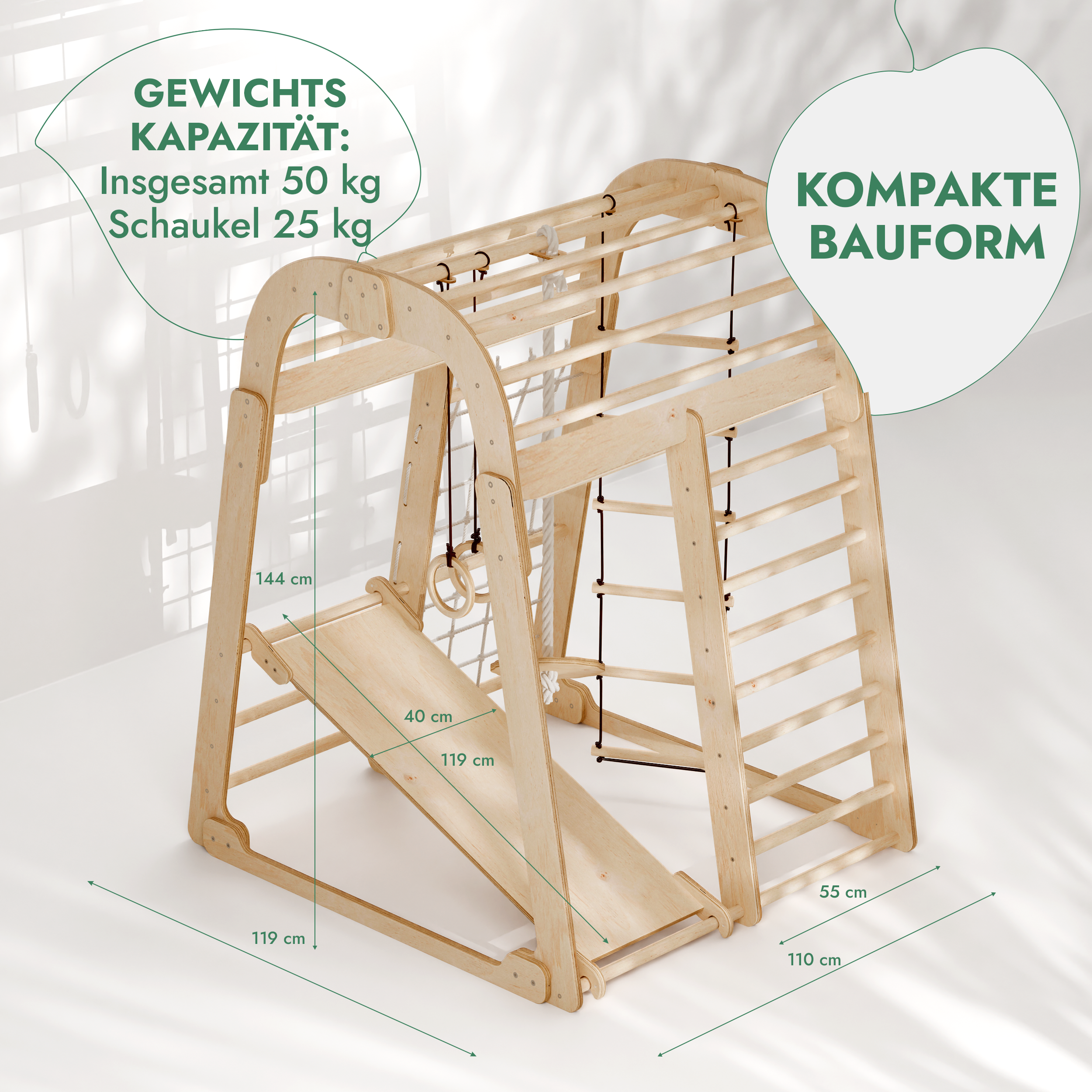 6in1 Indoor Spielplatz für Kinder: Klettergerüst mit Kletternetz, Rutsche, Gymnastikringe, Hängende Leiter und Disc-Schaukel – Beige