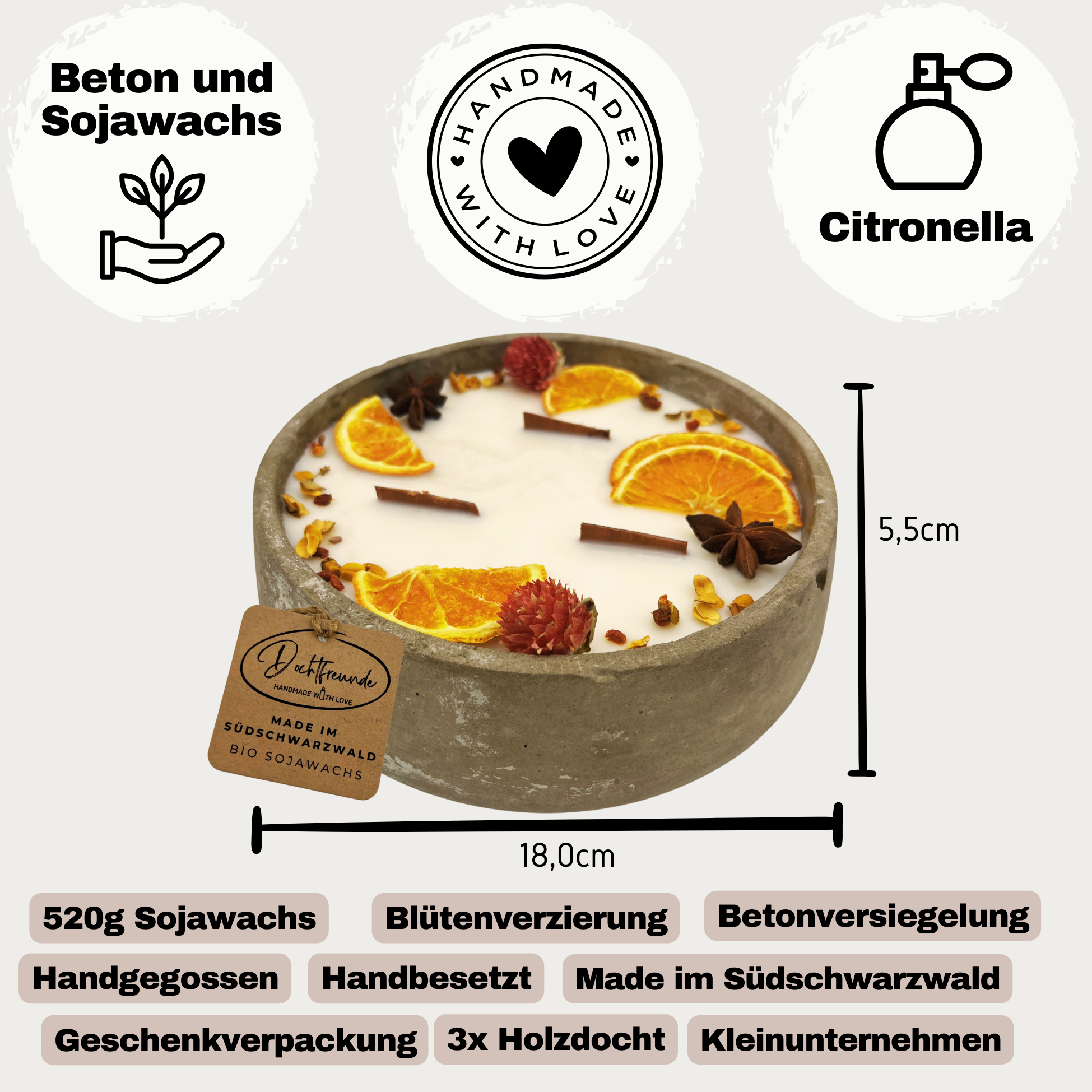 Große Outdoor Citronella-Betonkerze „Big Grey | Mugge Schreck“