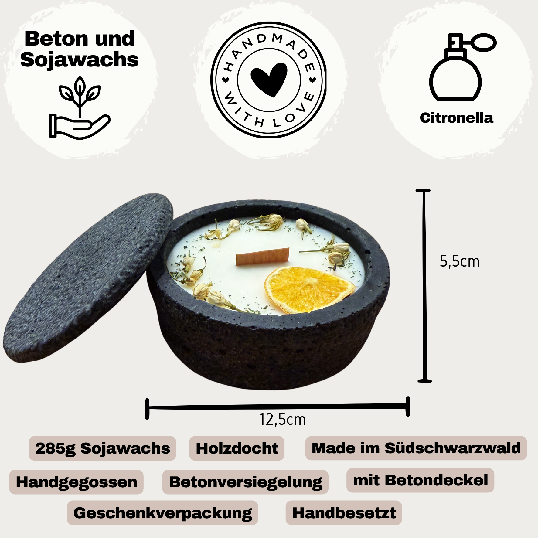 Betonkerze mit Deckel & Holzdocht | Citronella Duft | 285g Sojawachs