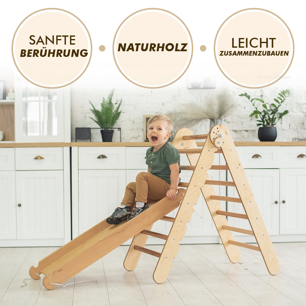 5in1 Montessori Klettergerüst Set: Kletterdreieck + Kletterbogen mit Kissen + Kletternetz und Rutsche für Kinder 1-7 Jahre – Schokolade