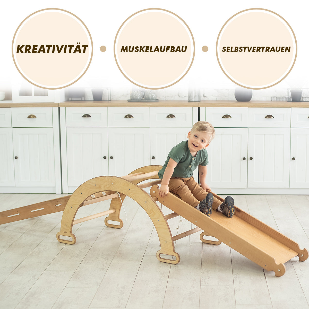 5in1 Montessori Klettergerüst Set: Kletterdreieck + Kletterbogen mit Kissen + Kletternetz und Rutsche für Kinder 1-7 Jahre – Schokolade