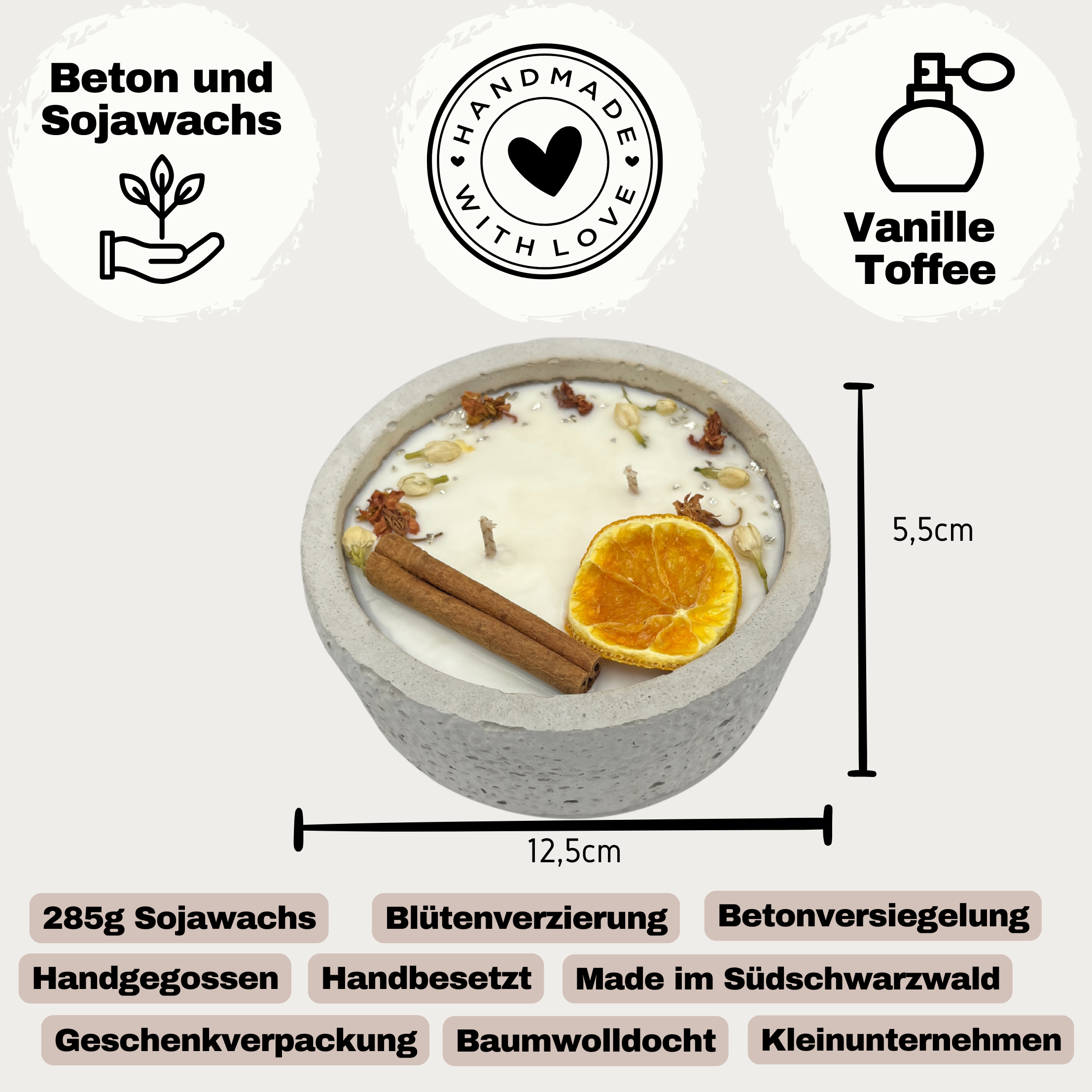 Handgefertigte Betonkerze Betongrau „Herbstglühen“ für Herbst und