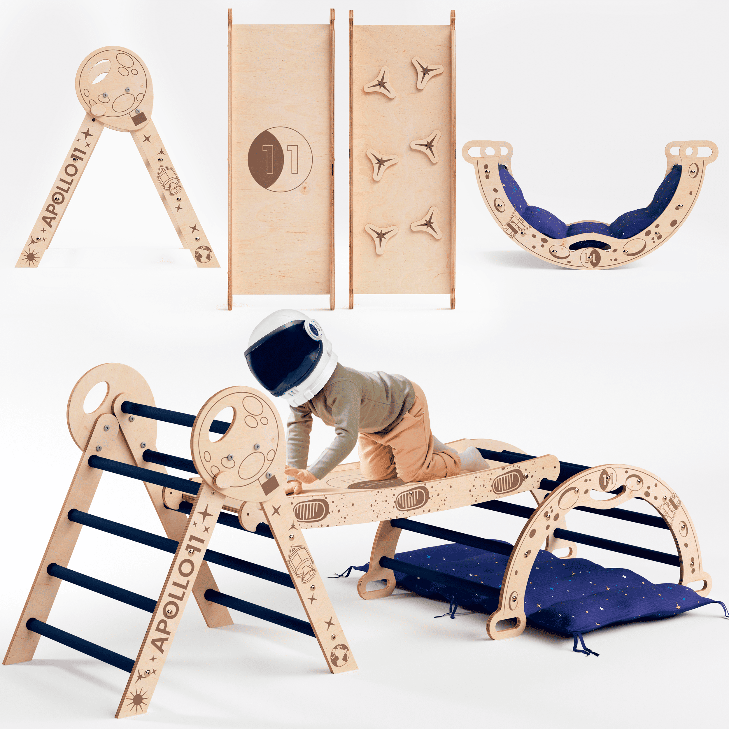 Apollo 4in1 Kletterset: Pikler-Dreieck, Kletterbogen, Rutschbrett und Kissen für kleine Kleinkind-Astronauten