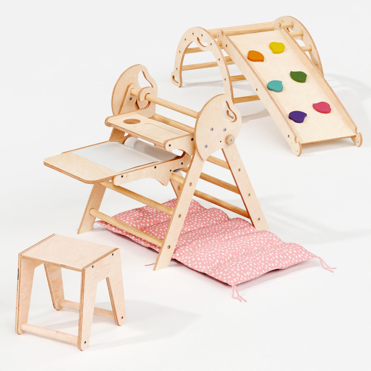 Montessori 4in1 Kletterdreieck für Babys: Pikler-Dreieck, Kletterbogen, Rutschbrett und Kissen für Kleinkinder (1–3 Jahre)